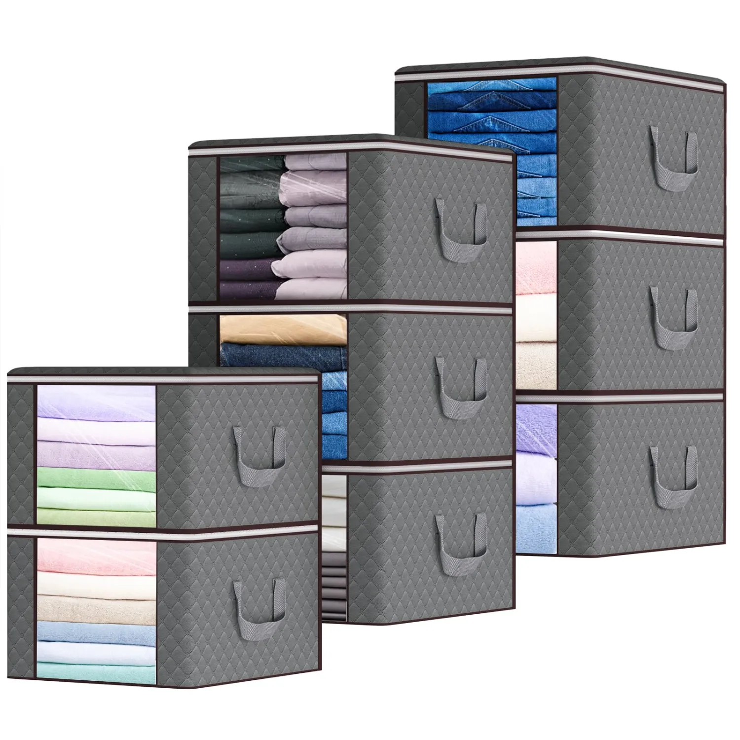 8 Pack 90L Foldable Storage Bags for Large Clothes, Comforter, Blanket, Pillow with Clear Window Sturdy Zipper and Reinforced Thick Fabric Handle, Grey