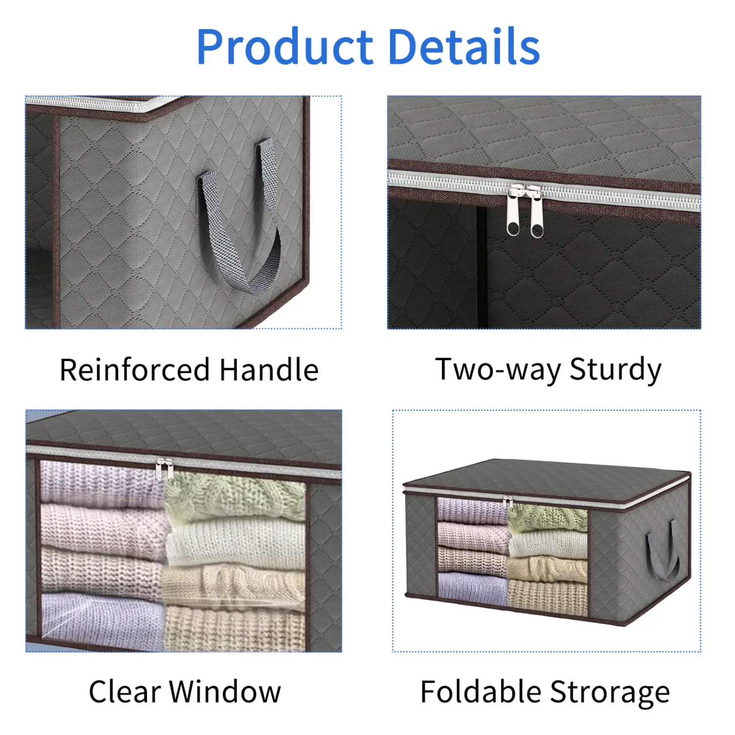 8 Pack 90L Foldable Storage Bags for Large Clothes, Comforter, Blanket, Pillow with Clear Window Sturdy Zipper and Reinforced Thick Fabric Handle, Grey