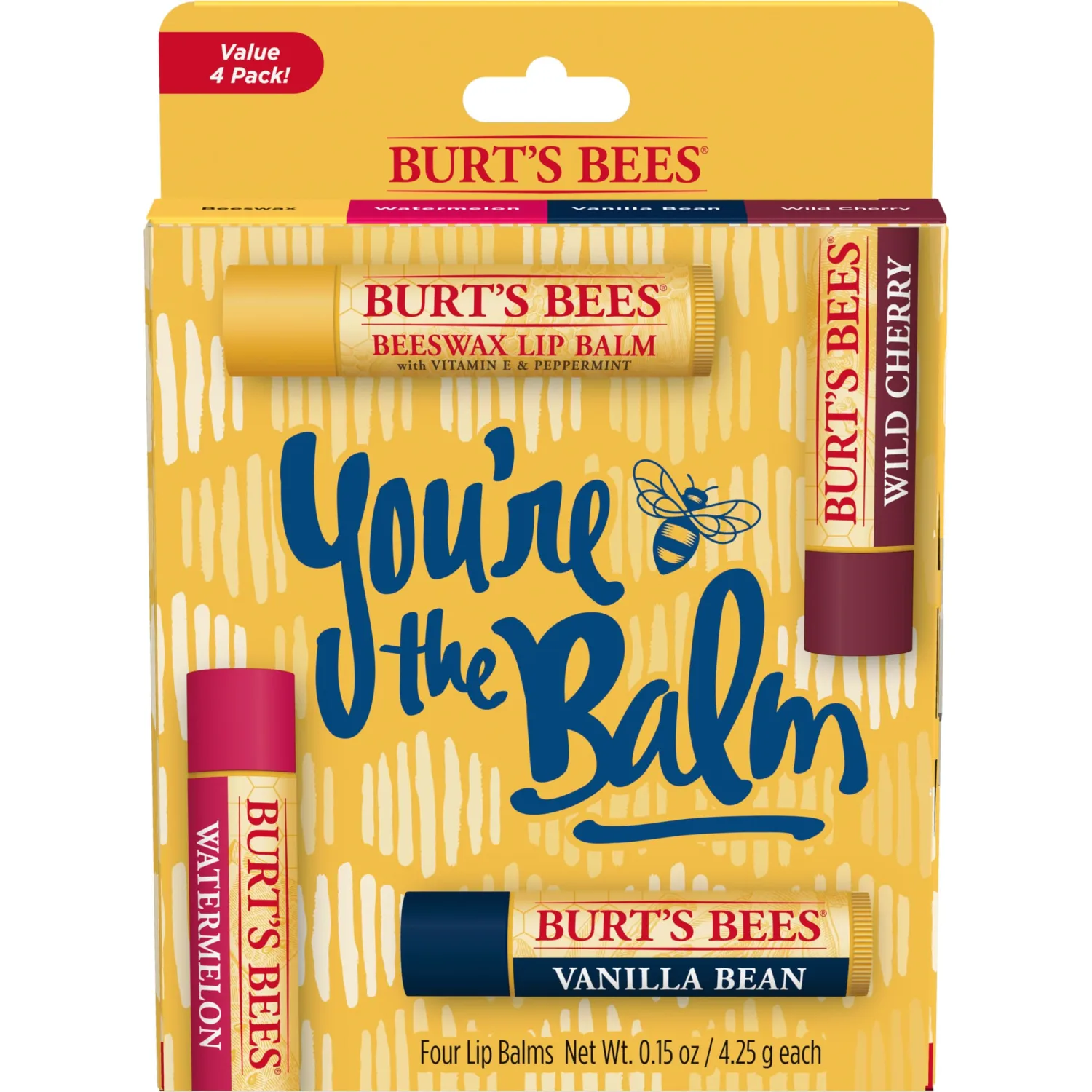 Burt's Bees You're the Balm Lip Balm Pack, With Beeswax, Wild Cherry, Watermelon and Vanilla Bean Flavors, With Responsibly Sourced Beeswax, Tint-Free, Natural Origin Lip Treatment, 4 Tubes, 0.15 oz.