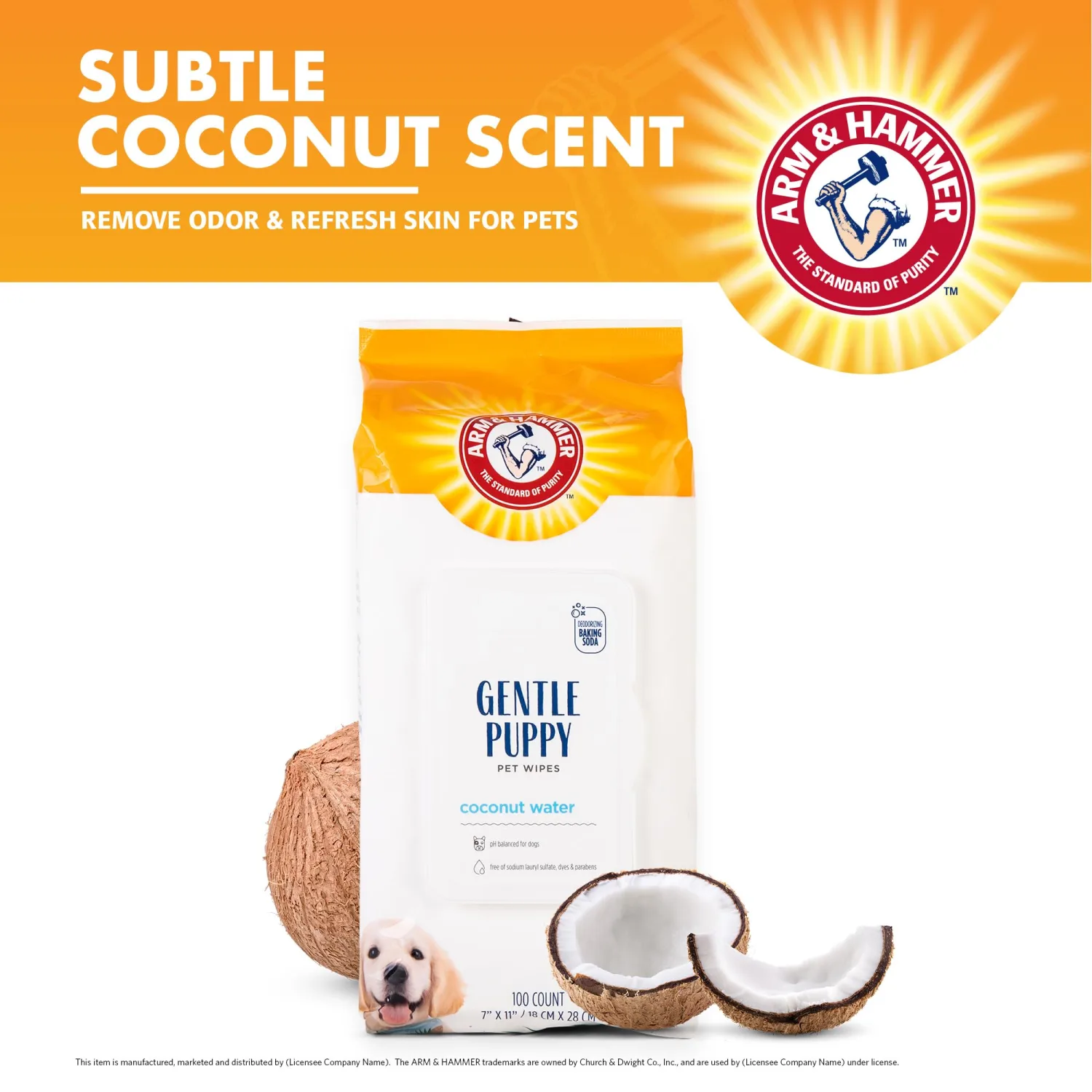 Arm & Hammer Dog Grooming Wipes - Natural Deodorizing Pet Wipe with Coconut - Travel Essential & Supplies for Dogs - Dog Whole Body & Face Cleaning - Odor Eliminator with Baking Soda Power - 100 Count