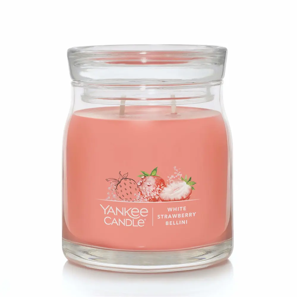 Yankee Candle White Strawberry Bellini Scented, Signature 13oz Medium Jar 2-Wick Candle, Over 35 Hours of Burn Time