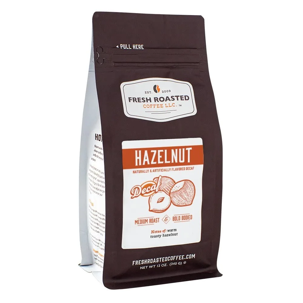 Fresh Roasted Coffee, Decaf Hazelnut Flavored Coffee, 12 oz, Medium Roast, Kosher, Whole Bean