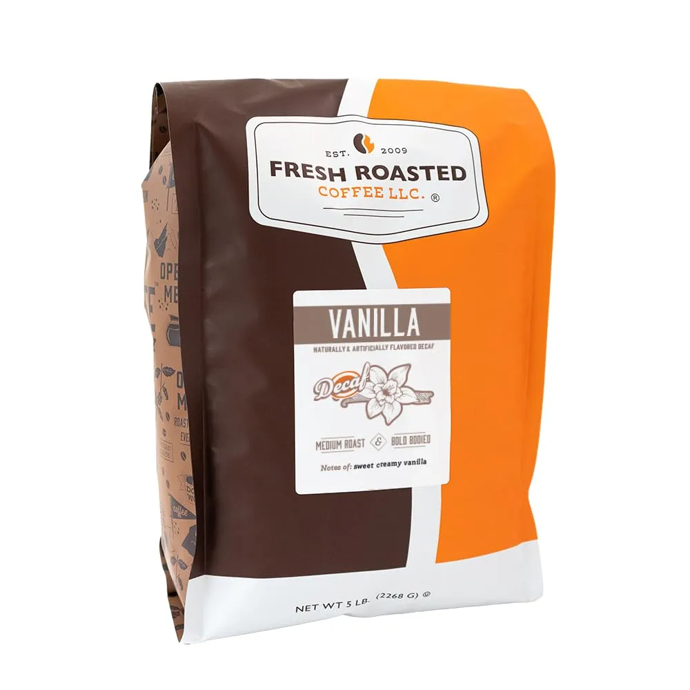 Fresh Roasted Coffee, Decaf Vanilla Flavored Coffee, 5 lb (80 oz), Medium Roast, Kosher, Whole Bean