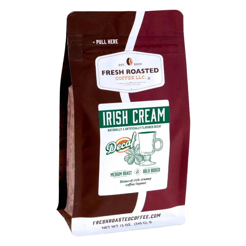 Fresh Roasted Coffee, Decaf Irish Cream Flavored Coffee, 12 oz, Medium Roast, Kosher, Whole Bean