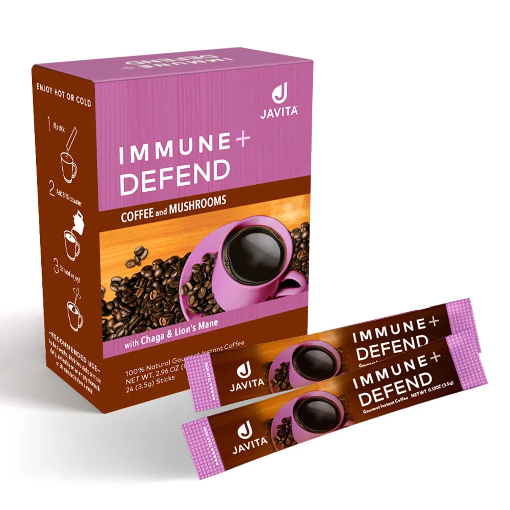 Mushroom Coffee by Javita, Immune & Defend Blend of Chaga, Lion's Mane and Dark Roast Coffee for Morning Boost, Immune Support; Keto-friendly, 1 box / 24 (3.5 g) serv.