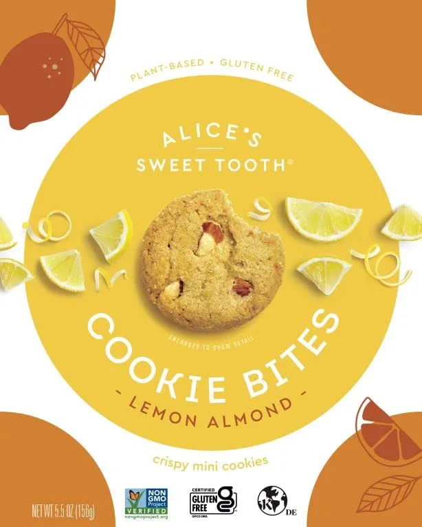Alice's Sweet Tooth Lemon Almond Cookie Bites - Gluten-Free, Vegan, Crunchy Mini-Cookies - Plant-Based, Dairy-Free, Grain-Free, Soy-Free, Kosher – 5.5 ounces