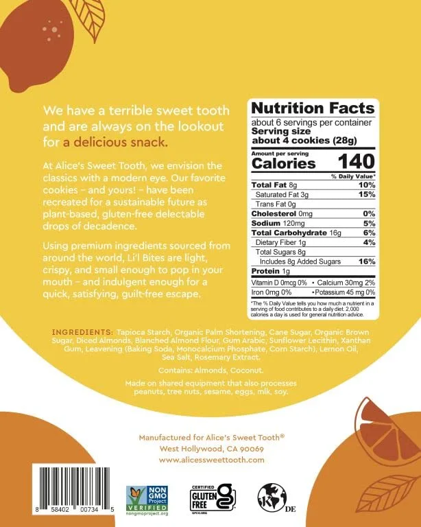 Alice's Sweet Tooth Lemon Almond Cookie Bites - Gluten-Free, Vegan, Crunchy Mini-Cookies - Plant-Based, Dairy-Free, Grain-Free, Soy-Free, Kosher – 5.5 ounces