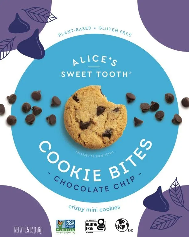 Alice's Sweet Tooth Chocolate Chip Cookie Bites - Gluten-Free, Vegan, Crunchy Mini-Cookies - Plant-Based, Dairy-Free, Grain-Free, Soy-Free, Kosher – 5.5 ounces