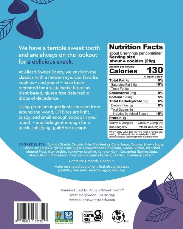 Alice's Sweet Tooth Chocolate Chip Cookie Bites - Gluten-Free, Vegan, Crunchy Mini-Cookies - Plant-Based, Dairy-Free, Grain-Free, Soy-Free, Kosher – 5.5 ounces