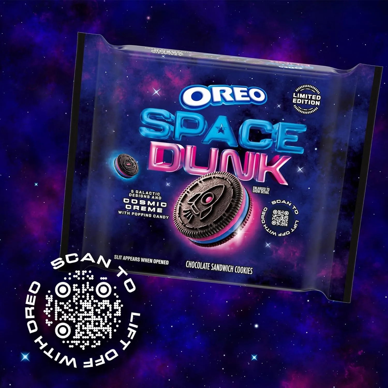 AI ALL IN Oreo Space Dunk Chocolate Sandwich Cookies, Limited Edition", 5 Galatic Designs & Cosmic Creme With Popping Candy, Two (2) Packs of 10.68 oz