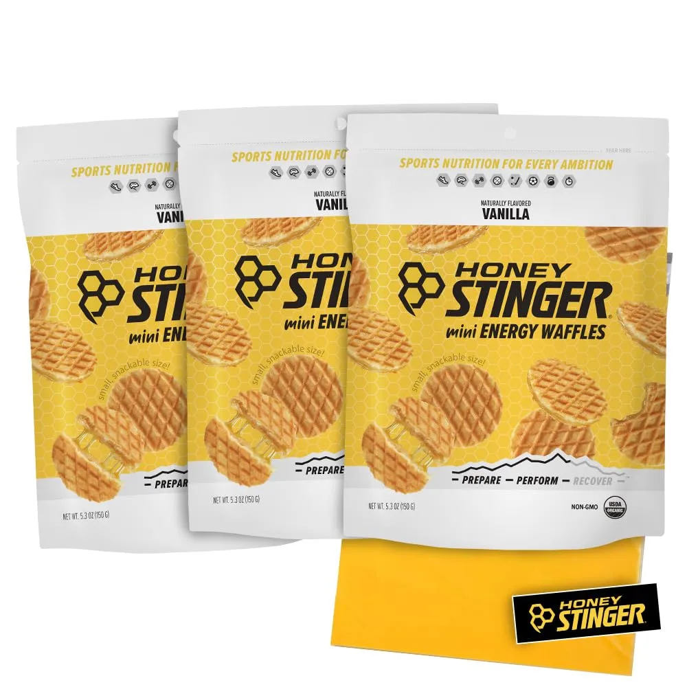 Honey Stinger Mini Waffles – Variety Pack With Sticker and Polybag – 3 Count – Vanilla Flavor – Energy Source for Any Activity – Resealable Bags