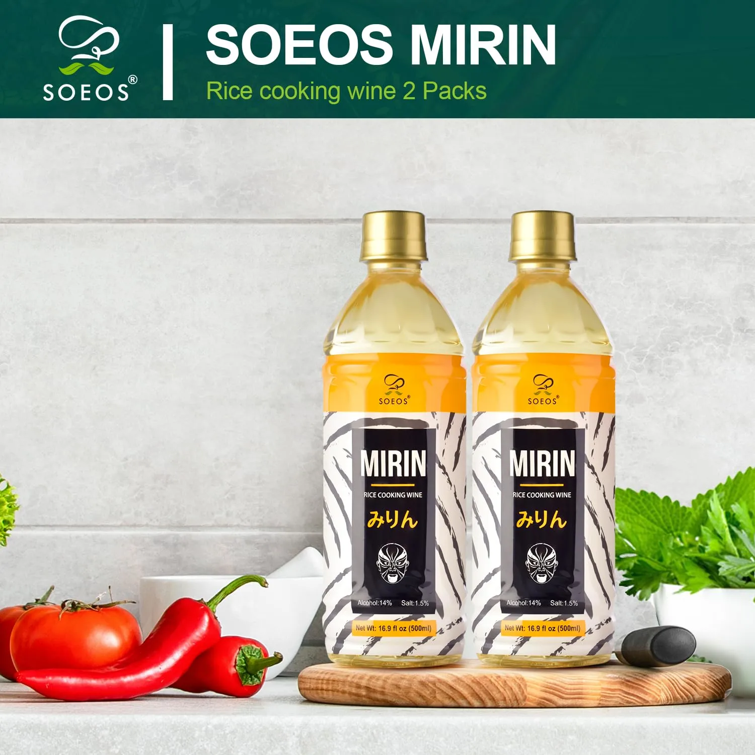 Soeos Mirin Japanese Cooking Wine, 16.9 fl oz (Pack of 2), Mirin Rice Wine, Authentic Natural Sugar Sweet Rice Cooking Wine for Cooking, Condiments, Seasoning Homemade Sauces, Japanese Seasoning