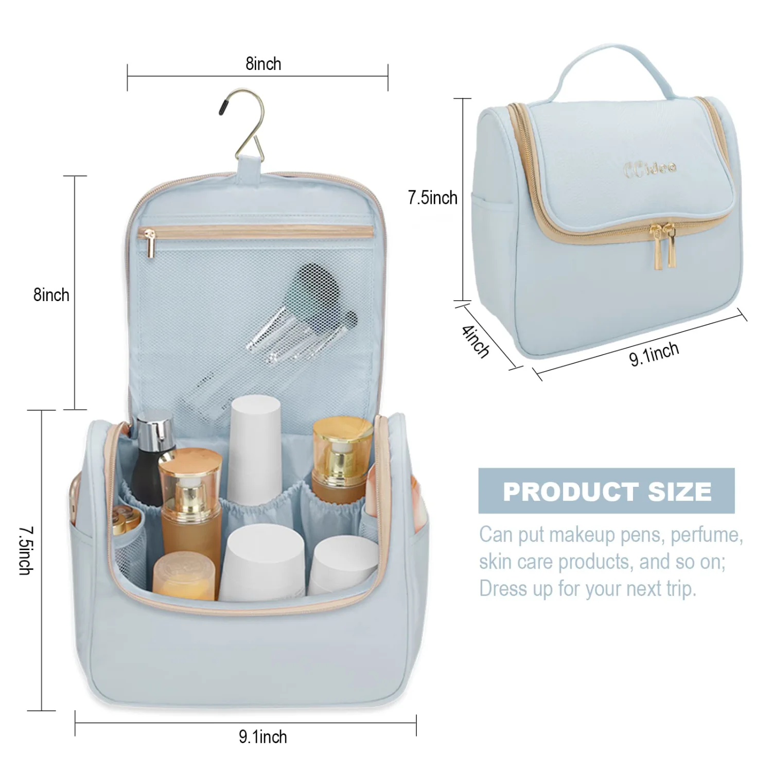 CCidea Cosmetic Bag Makeup Bag for Women Hand-PortableTravel Large Toiletry Bag Organizer (Light Blue)