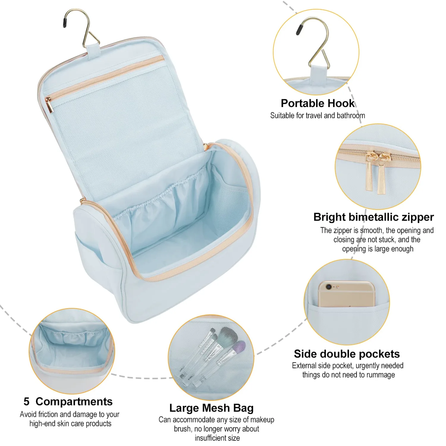 CCidea Cosmetic Bag Makeup Bag for Women Hand-PortableTravel Large Toiletry Bag Organizer (Light Blue)
