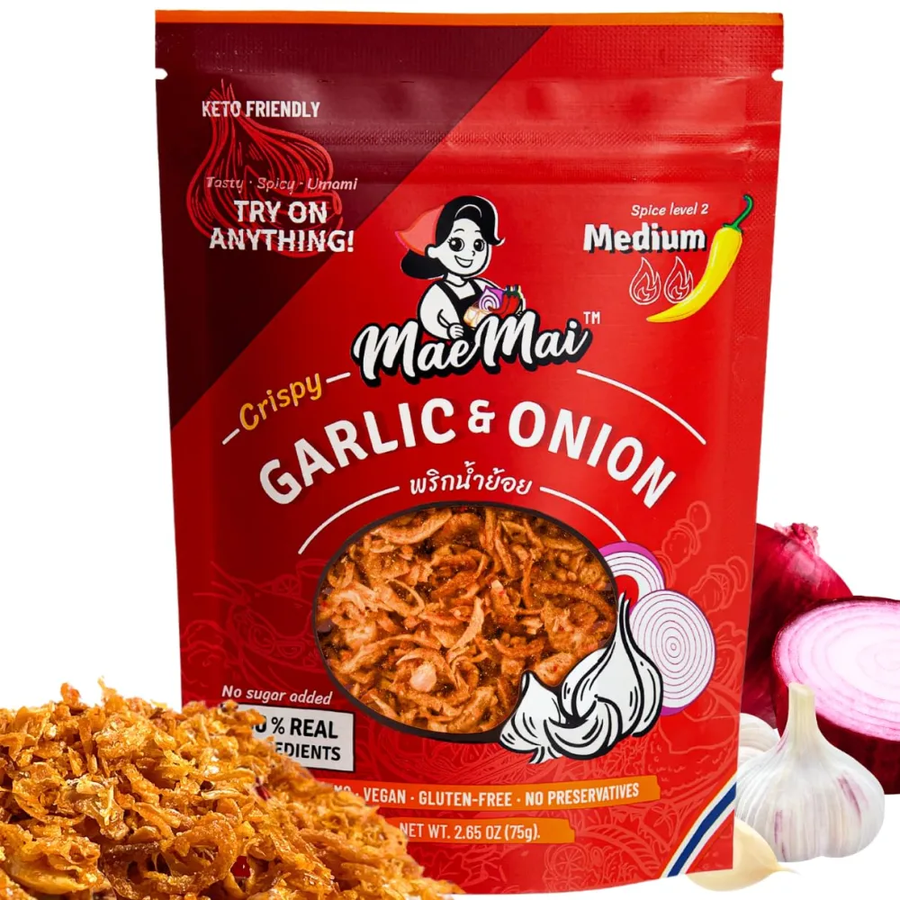 MaeMai Medium Spice (SPICY) - Crispy Onions & Garlic Flakes - Crunchy All-Purpose Seasoning, Keto, Salad Toppings, Fried Onions - Ramen, Rice Seasoning, Vegan, Gluten-free | 2.65oz