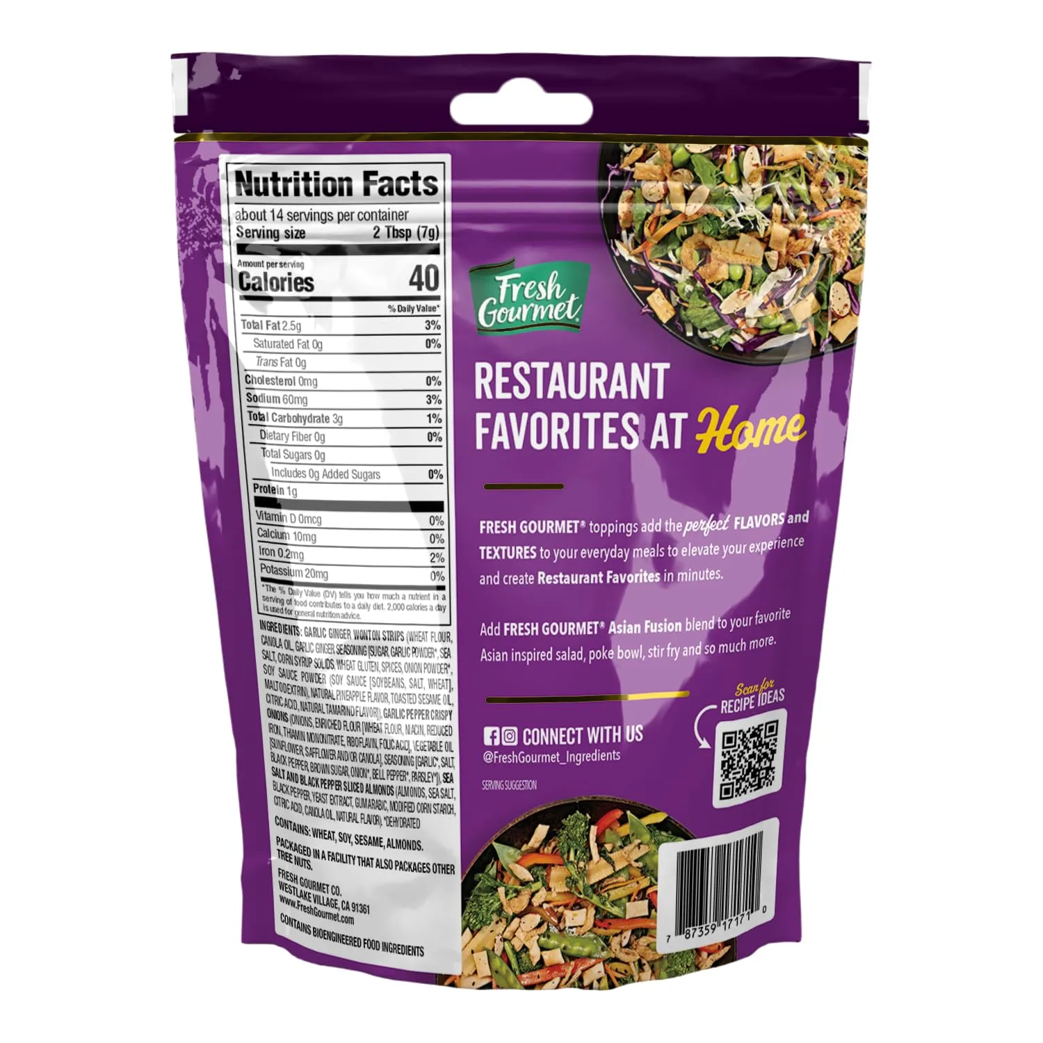 Fresh Gourmet Asian Fusion Crunch - 3.5oz Pouch, Single | Garlic Ginger Wontons, Crispy Onions, Sliced Almonds | Elevate Salads, Poke Bowls, Stir-frys