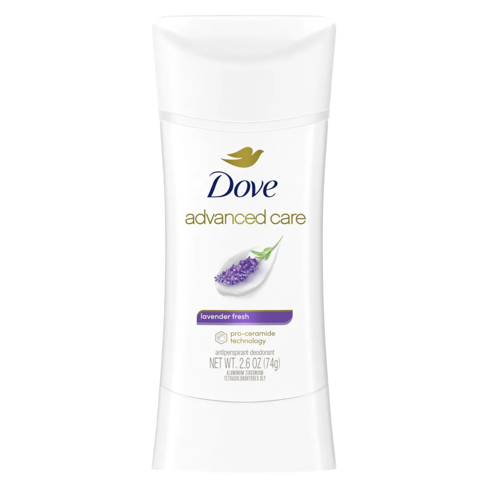 Dove Advanced Care Antiperspirant Deodorant Stick Lavender Fresh for helping your skin barrier repair after shaving 72 hour odor control and all day sweat protection for soft underarms 2.6 oz