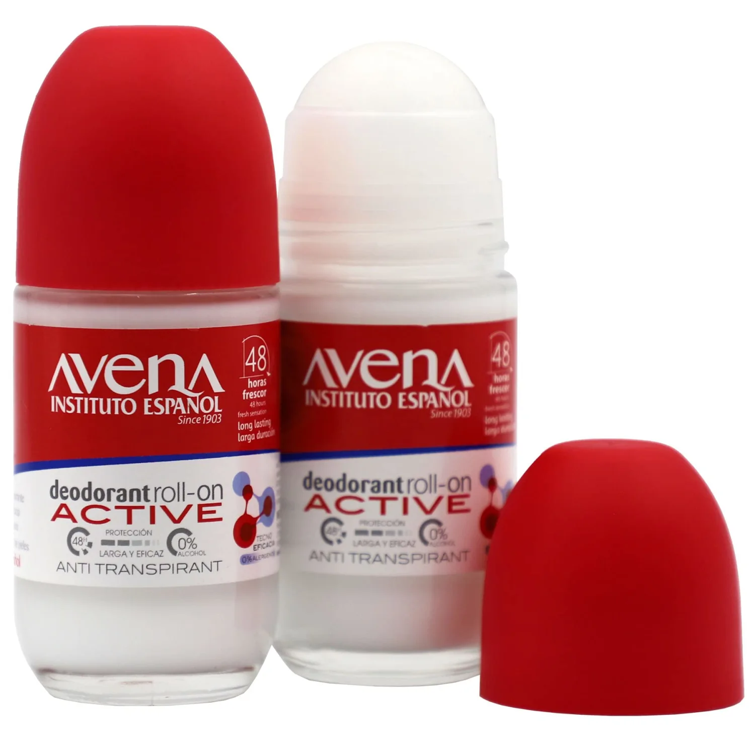 Avena Instituto Español Deodorant Roll-On, Active, Long-Lasting, Non-Alcohol, 2-Pack of 2.53 FL Oz each, 2 Bottles