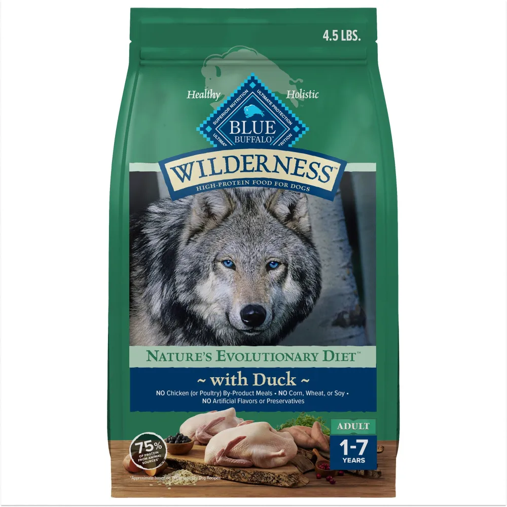 Blue Buffalo Wilderness Natural High-Protein Dry Food for Adult Dogs, with Wholesome Grains, Duck, 4.5-lb bag.