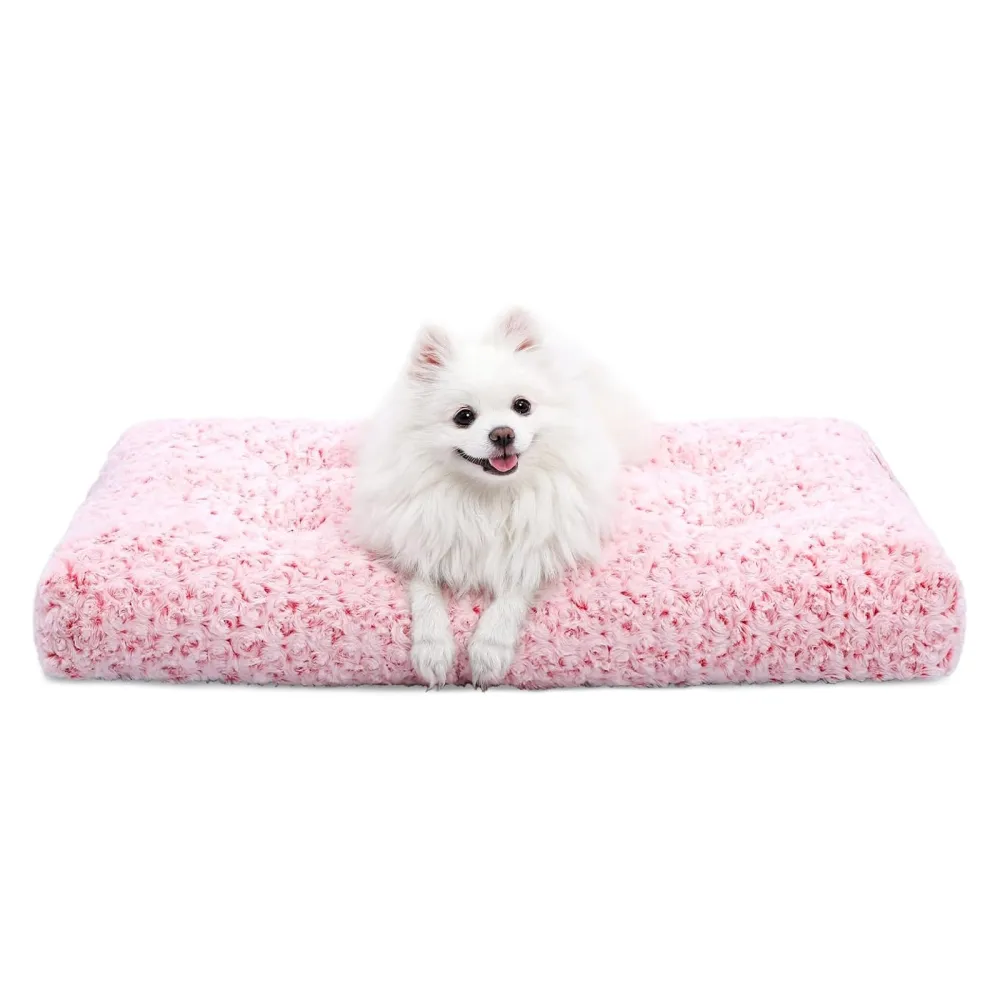 KSIIA Washable Dog Bed Deluxe Plush Dog Crate Beds Comfy Kennel Pad Anti-Slip Pet Sleeping Mat for Large, Jumbo, Medium, Small Dogs Breeds, 23" x 18", Pink