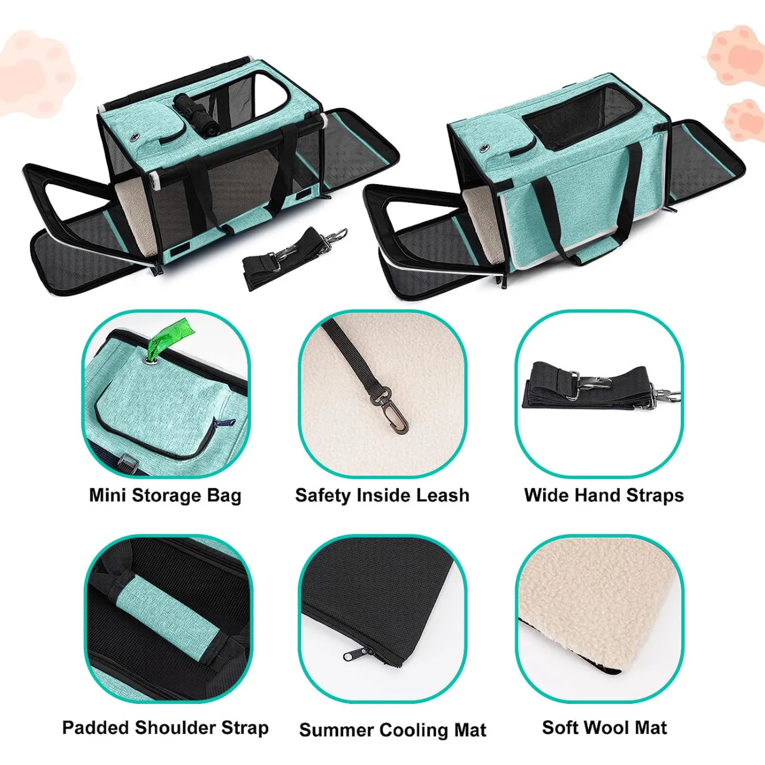 Small Dog Carrier for Puppy Yorkshire Softshell Car Transport Chihuahua Carry Cage 18-inch Collapsible Doggie Vet Visit Crate Easy Load Roomy Pet Carrier Bag Kennel Dog Essentials Teal