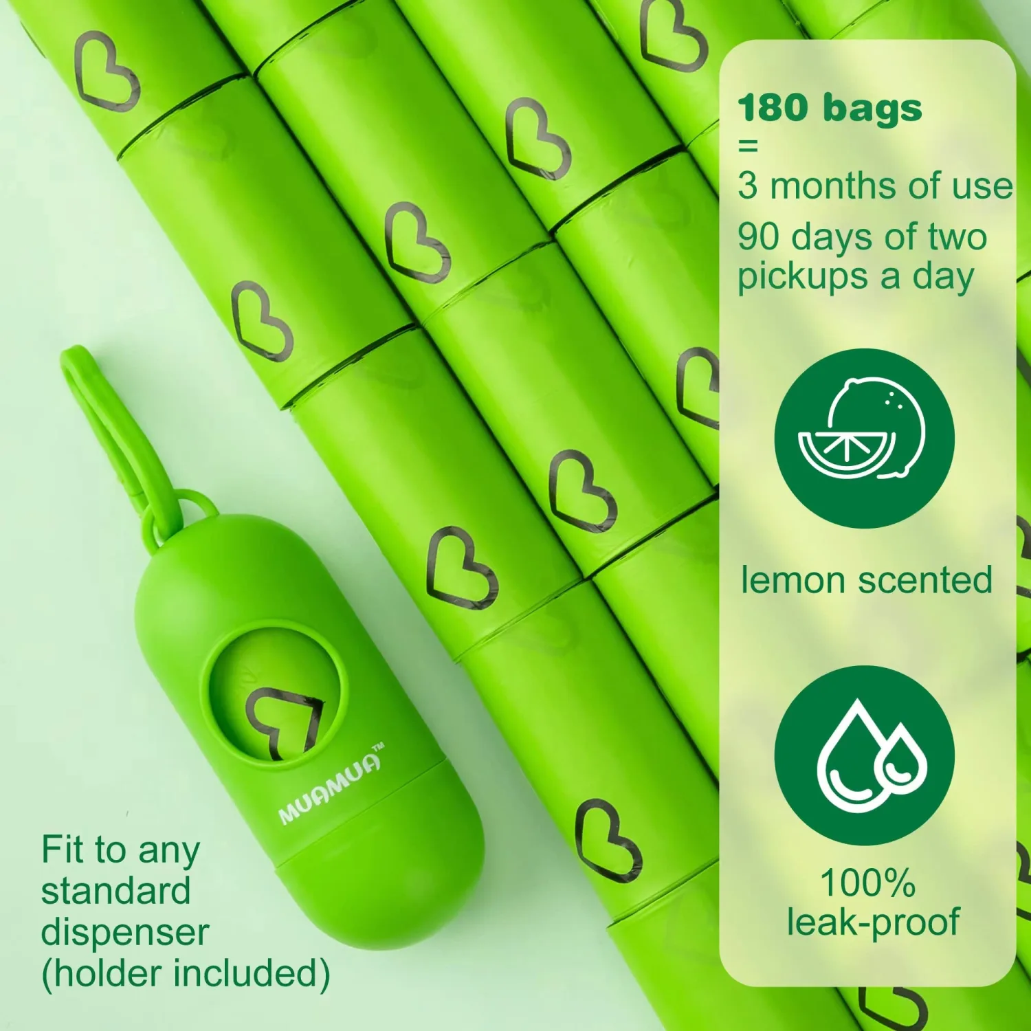 Dog Poop Bag, Biodegradable, 180 Count, 3.8 Liters, Lemon Scented, Extra Thick, Strong, Leak-proof, Waste Bags for Dogs