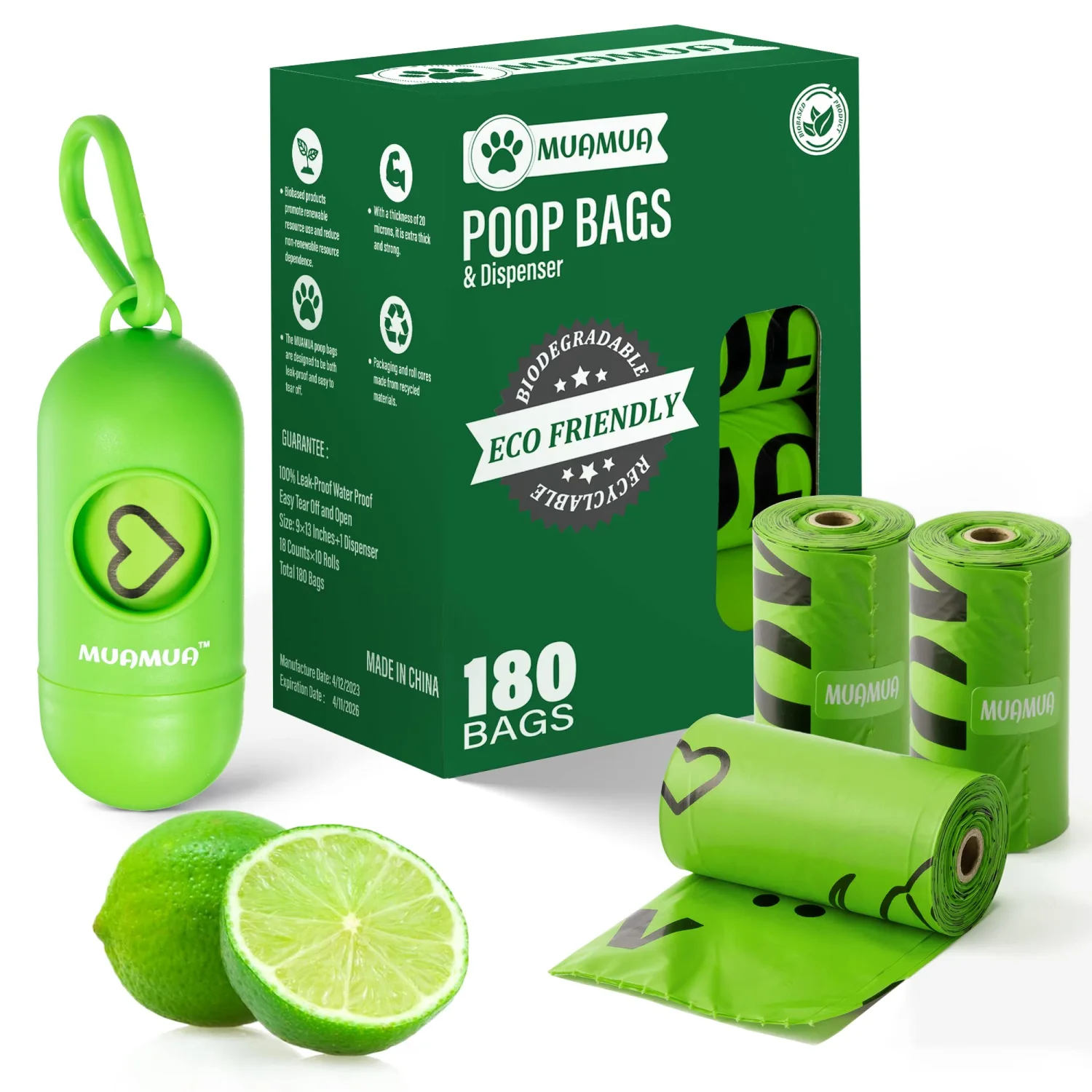 Dog Poop Bag, Biodegradable, 180 Count, 3.8 Liters, Lemon Scented, Extra Thick, Strong, Leak-proof, Waste Bags for Dogs