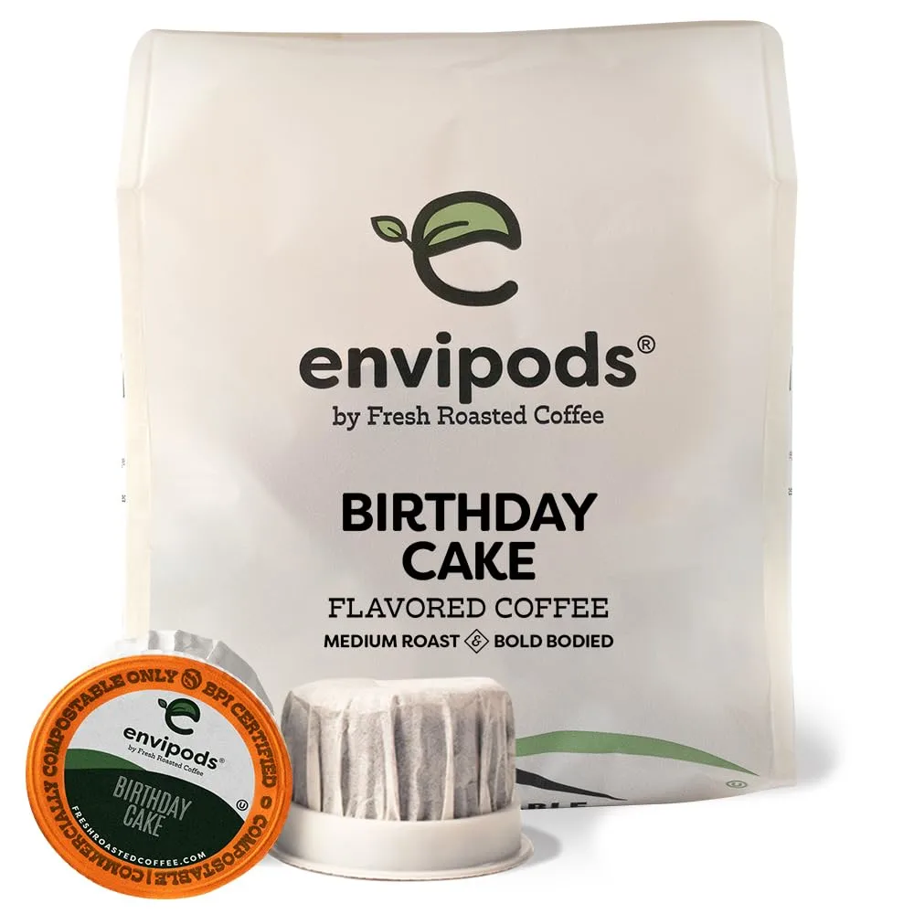 Fresh Roasted Coffee, Birthday Cake Flavored Compostable envipods, Medium Roast, Kosher, 12 Count,for Keurig K Cup Brewers | Not for use in Ninja or Hamilton Beach Brewers