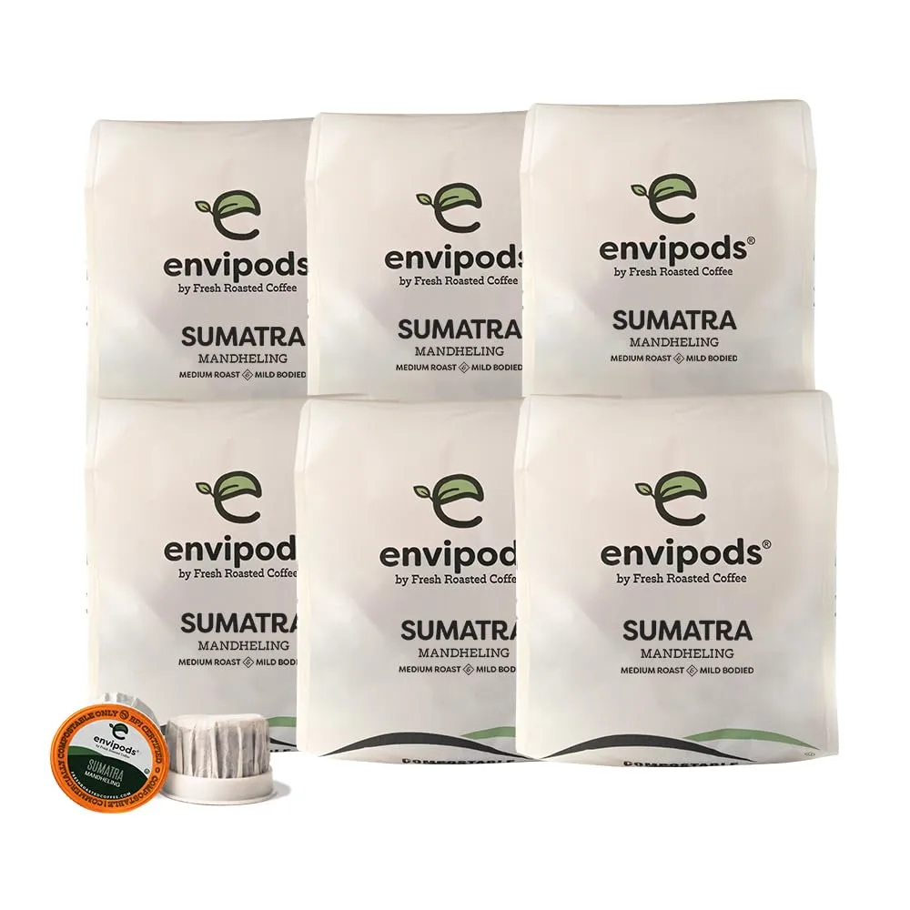 Fresh Roasted Coffee, Organic Sumatra Compostable envipods |100% Single Origin | Medium Roast | RFA Kosher | 72 Count |Not for use in Ninja or Hamilton Beach Brewers