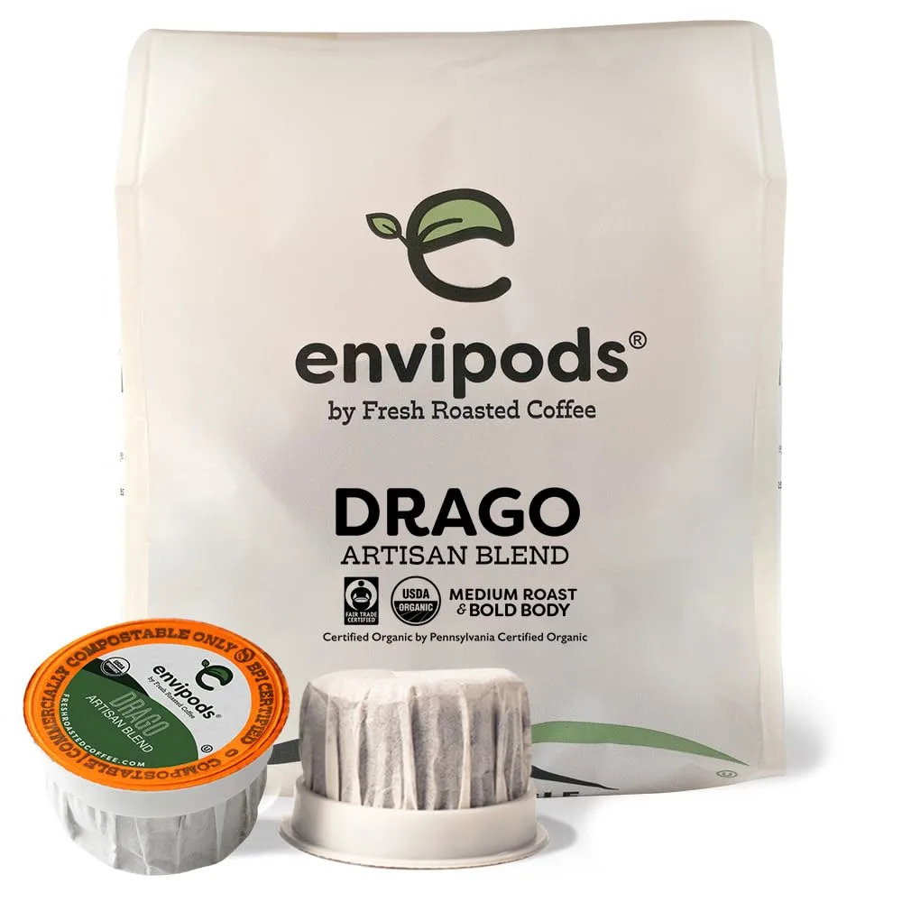 Fresh Roasted Coffee, Fair Trade Organic Drago Compostable envipods, Medium Roast, Kosher | 12 Count for Keurig K Cup Brewers | Not for use in Ninja or Hamilton Beach Brewers