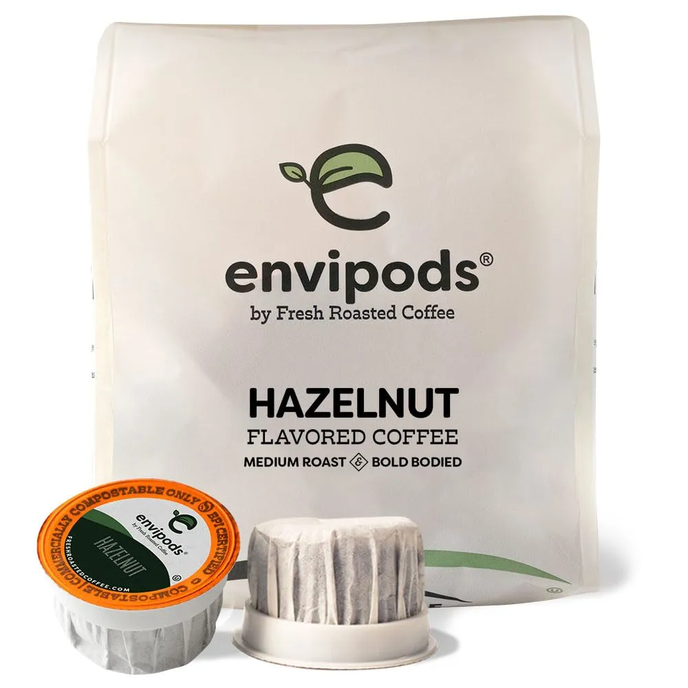 Fresh Roasted Coffee, Hazelnut Flavored Compostable envipods, Medium Roast, Kosher, 12 Count, for Keurig K Cup Brewers | Not for use in Ninja or Hamilton Beach Brewers