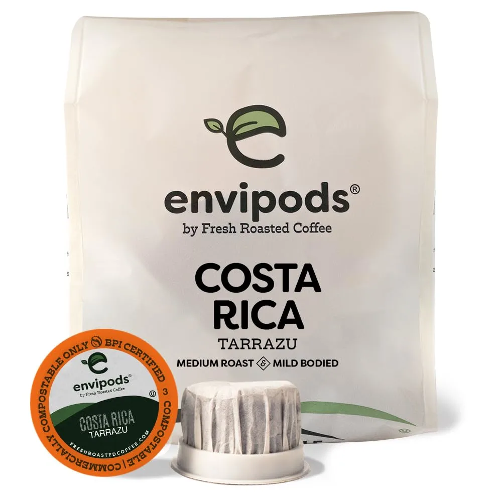 Fresh Roasted Coffee, Costa Rican Tarrazu Compostable envipods, Medium Roast, Kosher, 12 Count,for Keurig K Cup Brewers | Not for use in Ninja or Hamilton Beach Brewers