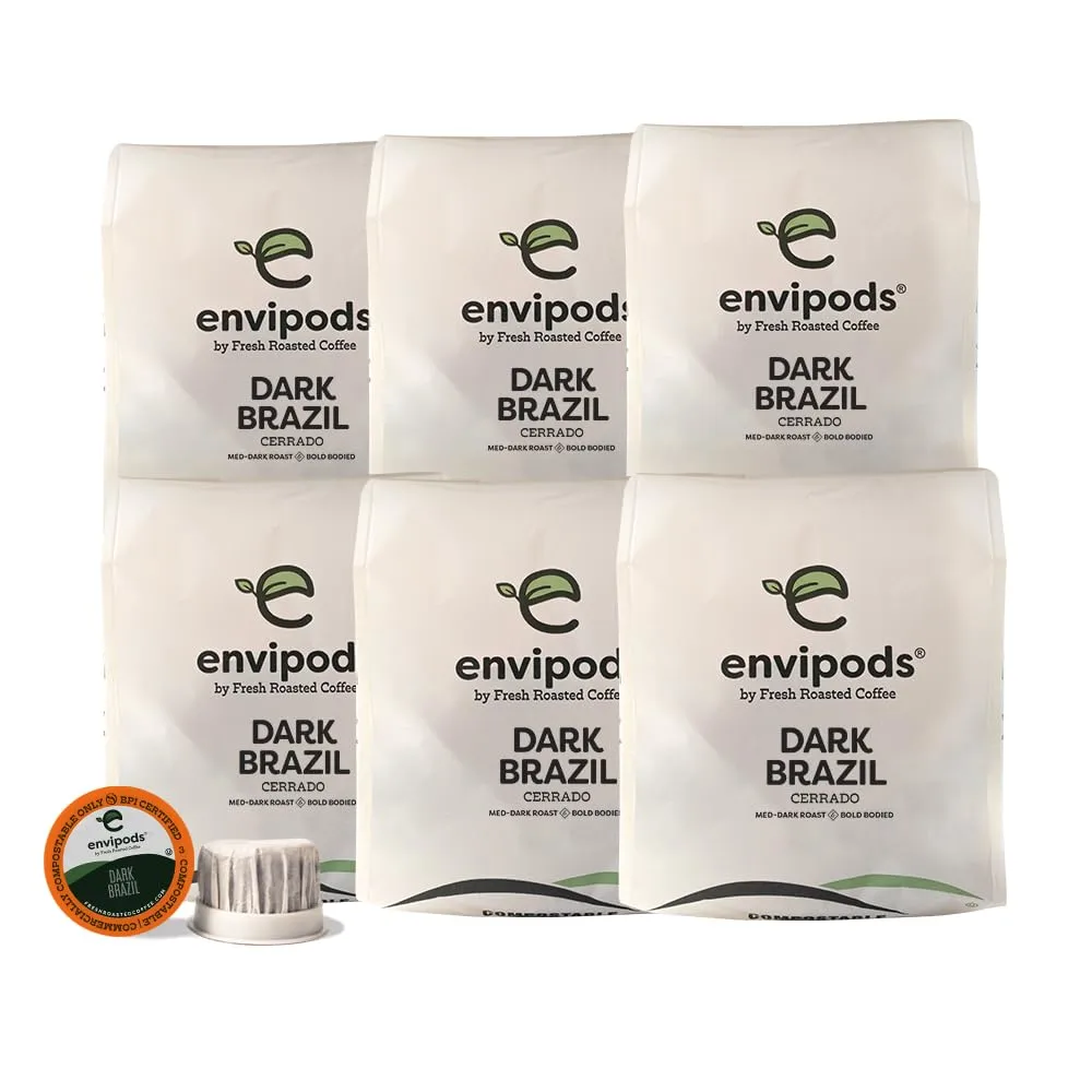 Fresh Roasted Coffee, Dark Brazil Compostable envipods, Medium-Dark Roast, Kosher, 72 Count,for Keurig K Cup Brewers | Not for use in Ninja or Hamilton Beach Brewers