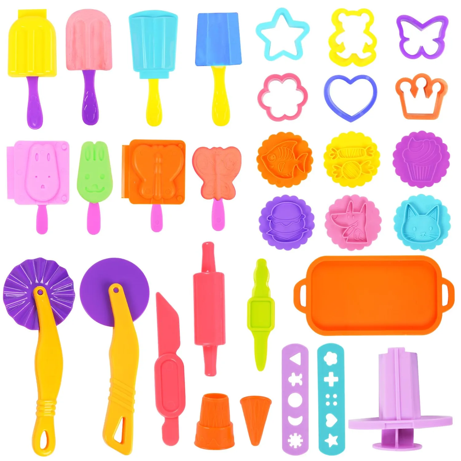 Playdough Tool Set for Kids, 31 PCS Playdough Ice Cream Set Birthday Gift for Children, Plastics Play Dough Accessories includes Cookie Cutters Rolling Pins Animal Molds Food Cutters Popsicle Molds