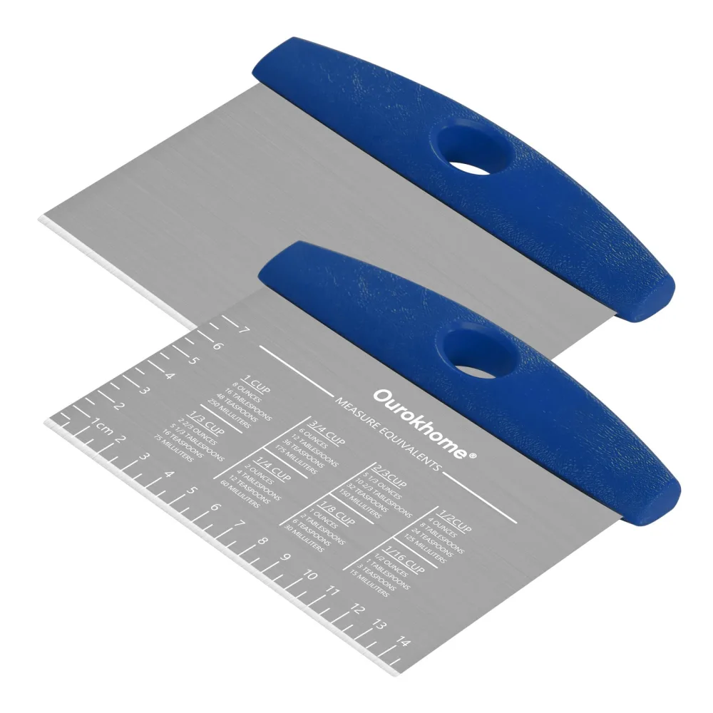 Ourokhome Dough Pastry Bench Cutter Scraper, Stainless Steel Pizza Cutter for Kitchen Baking, Dishwasher Safe, Anti-Wear Laser-Engraved Measuring Scale and Conversion Chart, 2 Pack, Blue