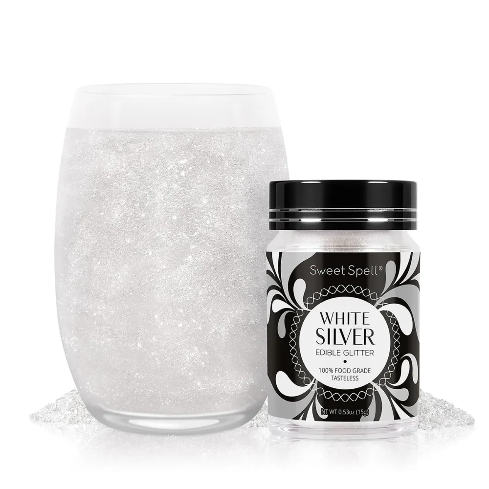 Sweet Spell Edible Glitter (15g) - Shimmer Sparkles for Drinks, Cakes, Cocktails - 100% Edible & Food Grade Glitter, Vegan, Gluten-Free (White Silver)