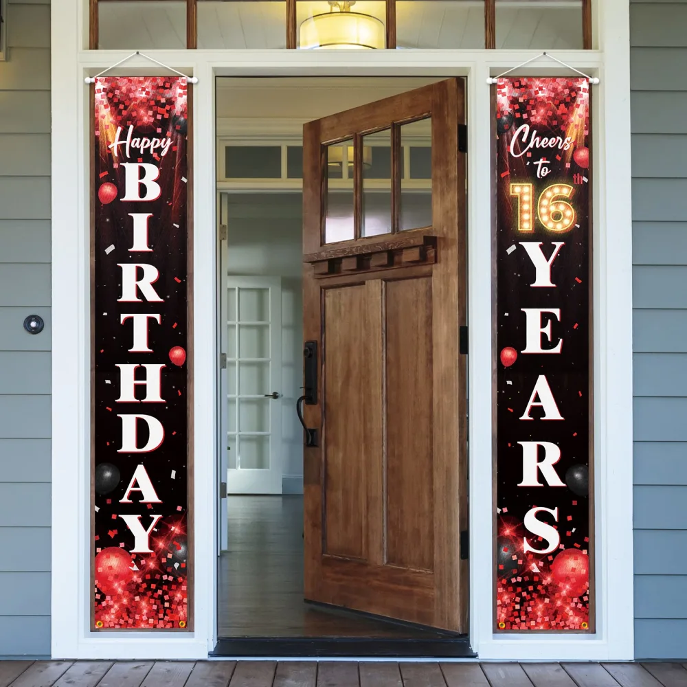 Happy 16th Birthday Porch Sign Door Banner Decor Red and Black – Glitter Cheers to 16 Years Old Birthday Party Theme Decorations for Boys Girls Supplies