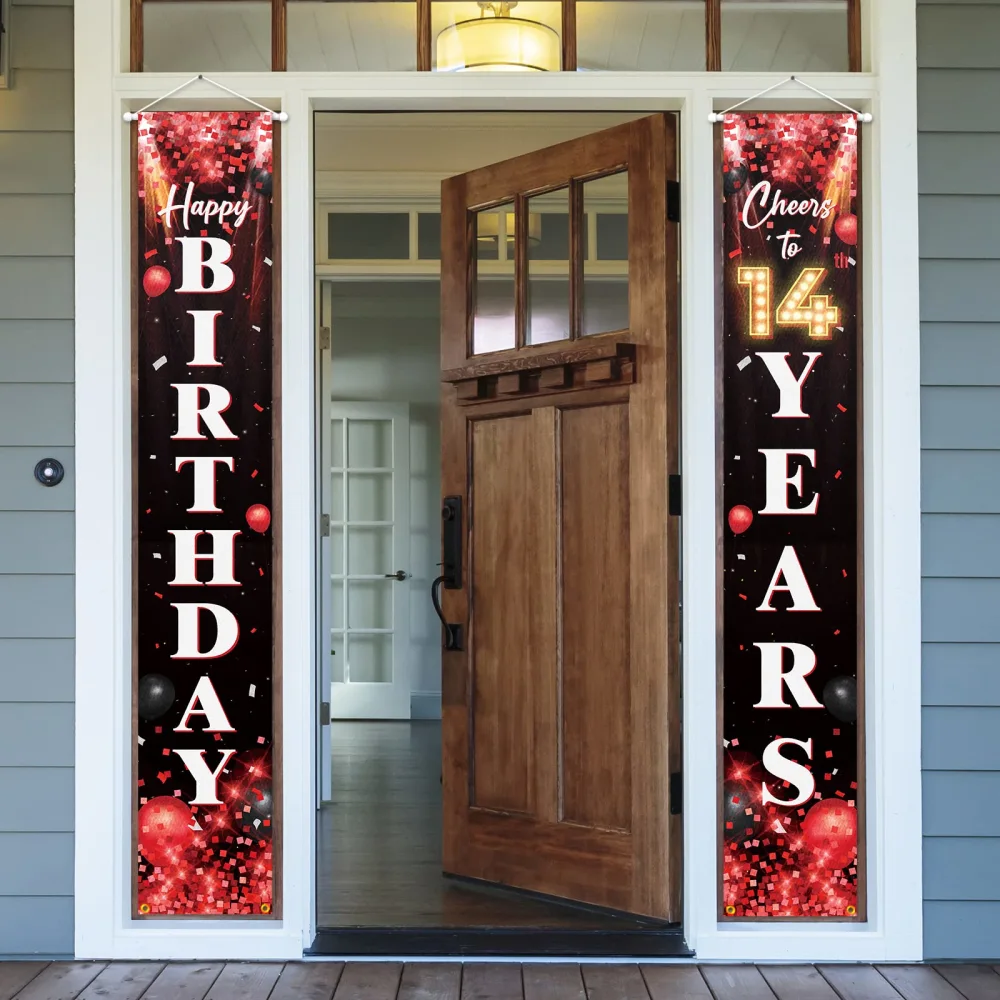 Happy 14th Birthday Porch Sign Door Banner Decor Red and Black – Glitter Cheers to 14 Years Old Birthday Party Theme Decorations for Boys Girls Supplies