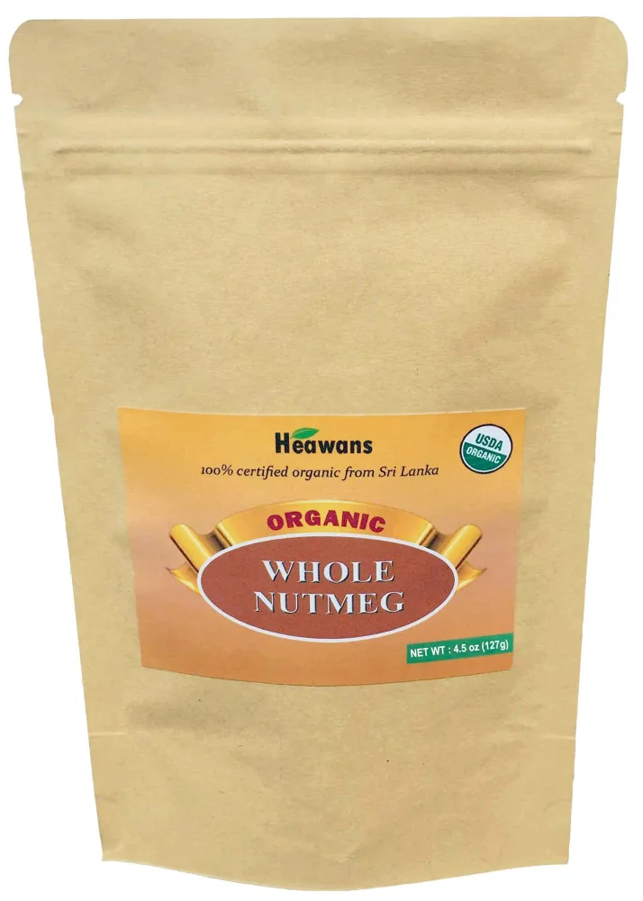 Heawans Organic Whole Nutmeg 4.5 oz, Premium Grade, Packed in a stand up resealable pouch.