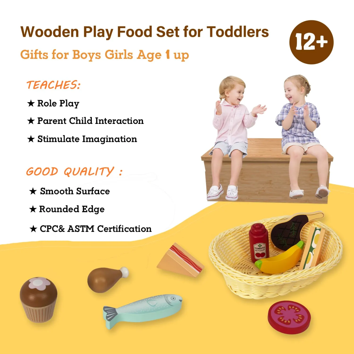 Wooden Picnic Toy Food Playset,Kids Pretend Play Food Kitchen Accessories with Storage Basket,Toddlers Fake Food Gift for Boys and Girls 2 Years Old Up