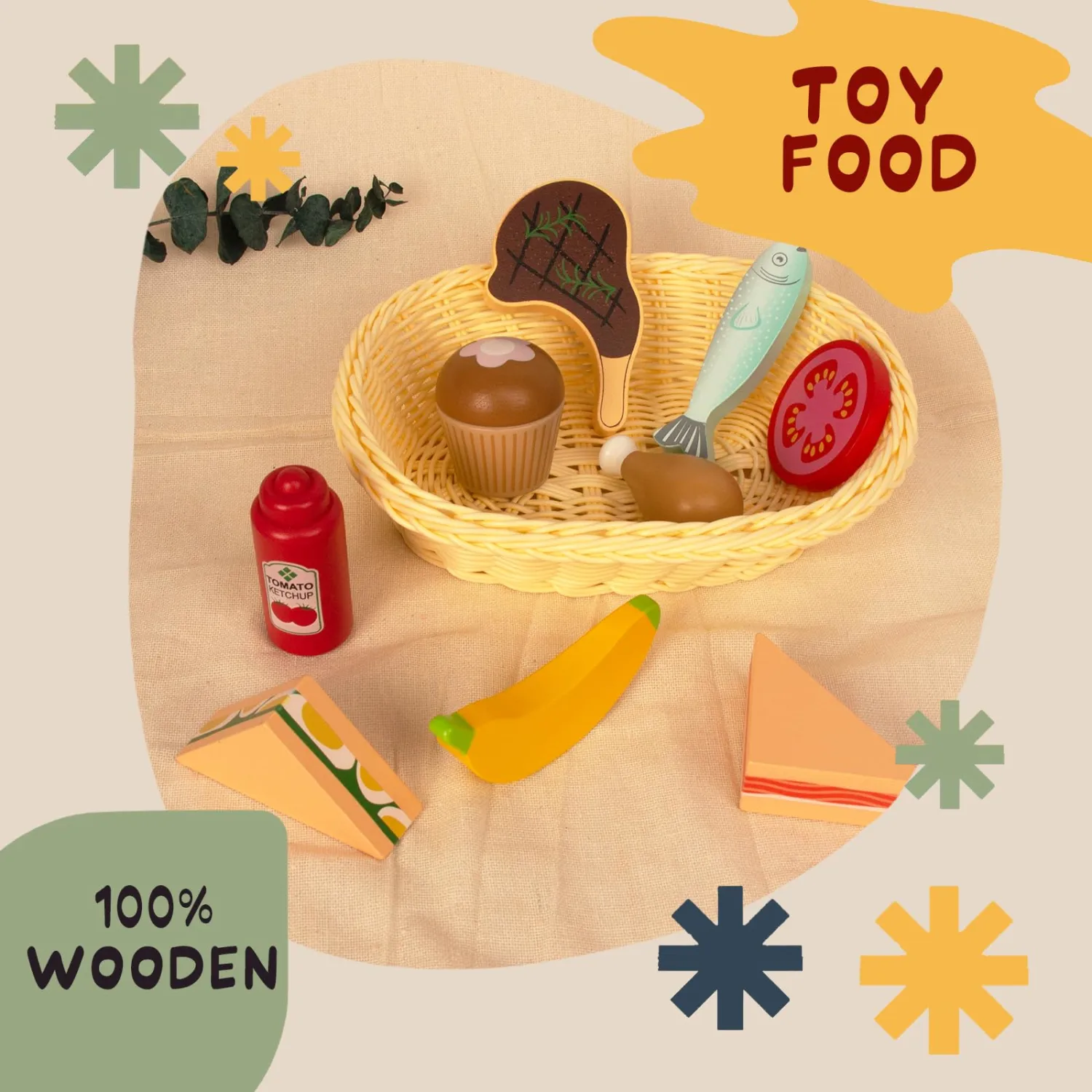 Wooden Picnic Toy Food Playset,Kids Pretend Play Food Kitchen Accessories with Storage Basket,Toddlers Fake Food Gift for Boys and Girls 2 Years Old Up