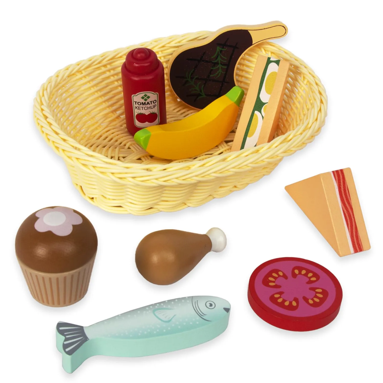 Wooden Picnic Toy Food Playset,Kids Pretend Play Food Kitchen Accessories with Storage Basket,Toddlers Fake Food Gift for Boys and Girls 2 Years Old Up