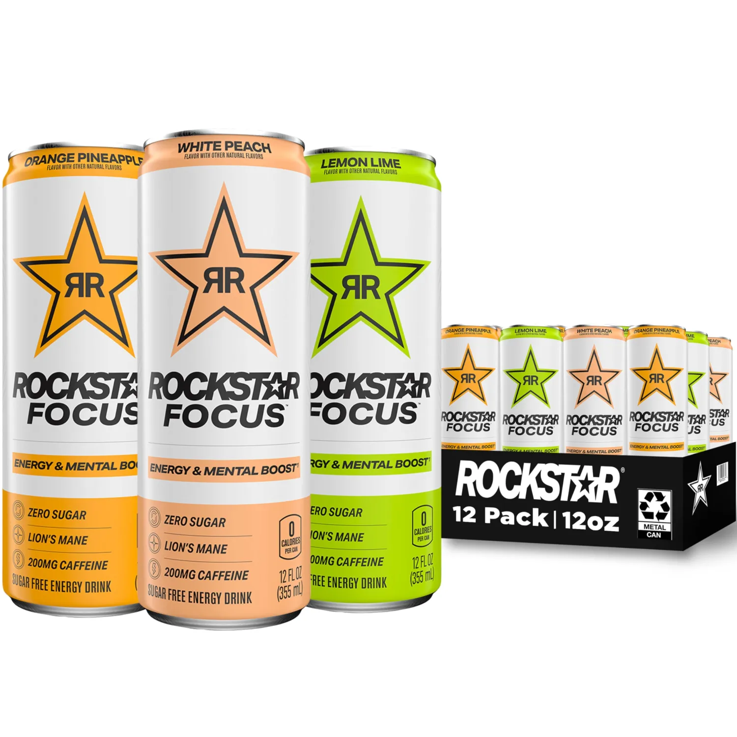 Rockstar Focus, 3 Flavor Variety Pack (White Peach, Lemon Lime, Orange Pineapple), 12 Fl Oz Cans (Pack of 12)