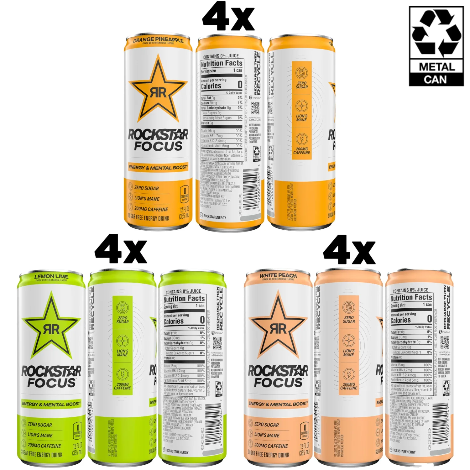 Rockstar Focus, 3 Flavor Variety Pack (White Peach, Lemon Lime, Orange Pineapple), 12 Fl Oz Cans (Pack of 12)