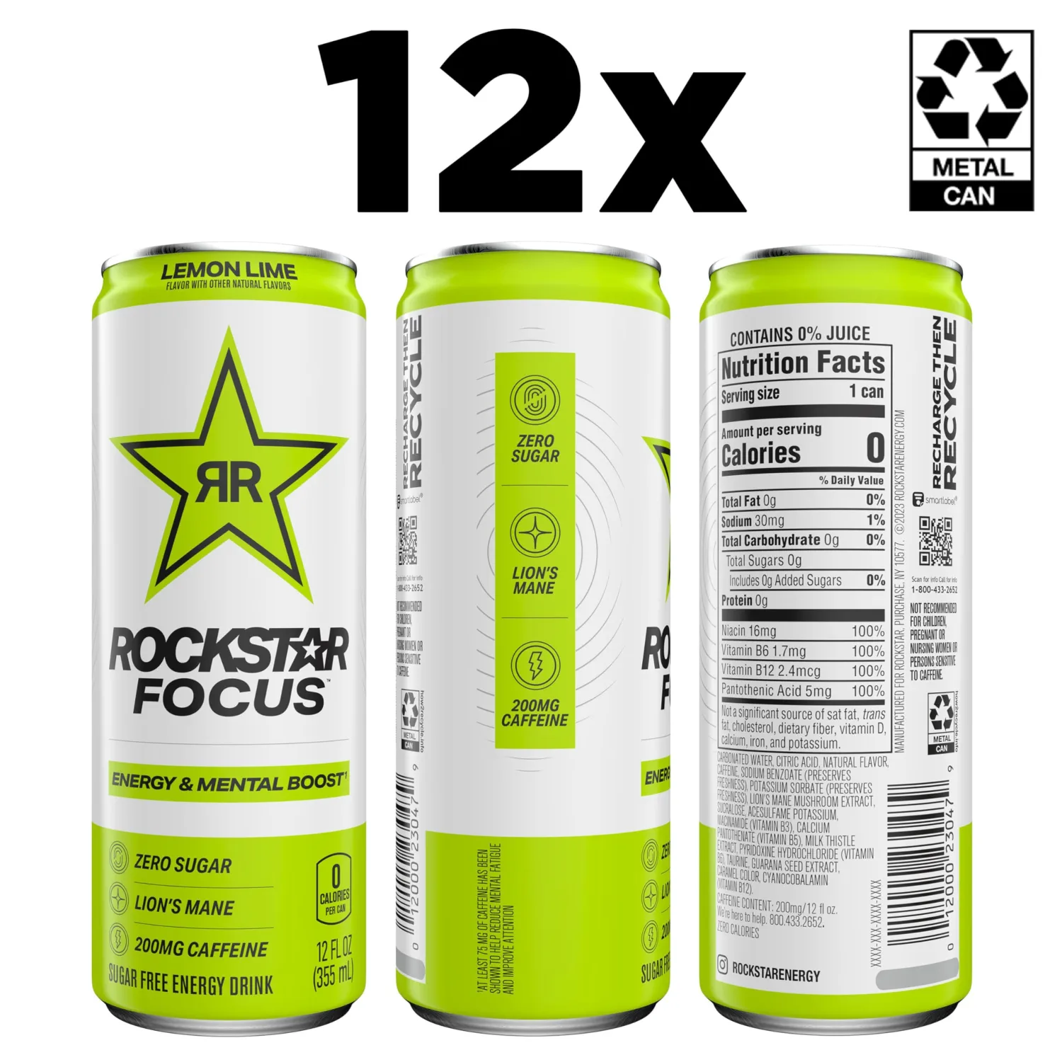 Rockstar Focus, Lemon Lime, 12 Fl Oz Cans (Pack of 12)