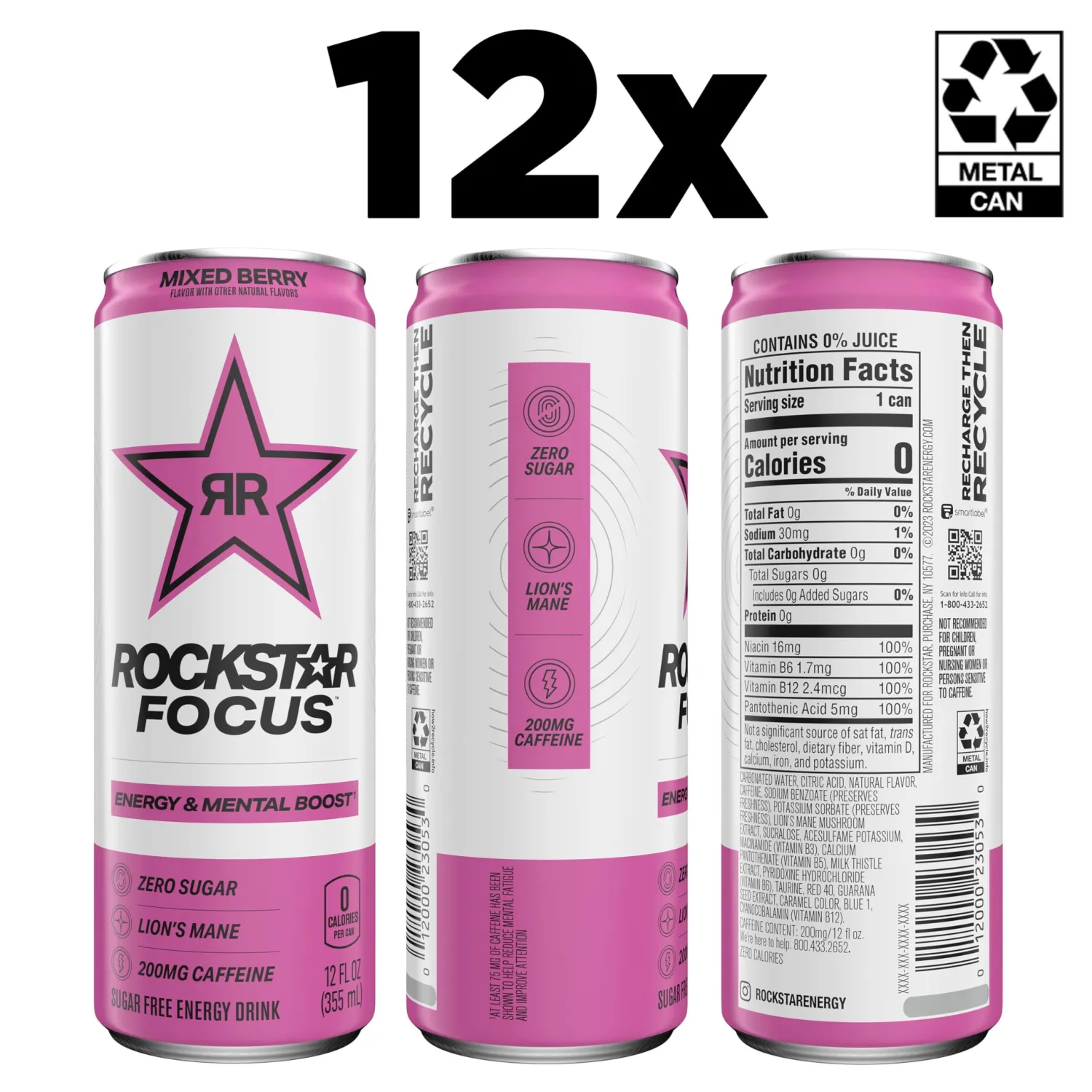 Rockstar Focus, Mixed Berry, 12 Fl Oz Cans (Pack of 12)