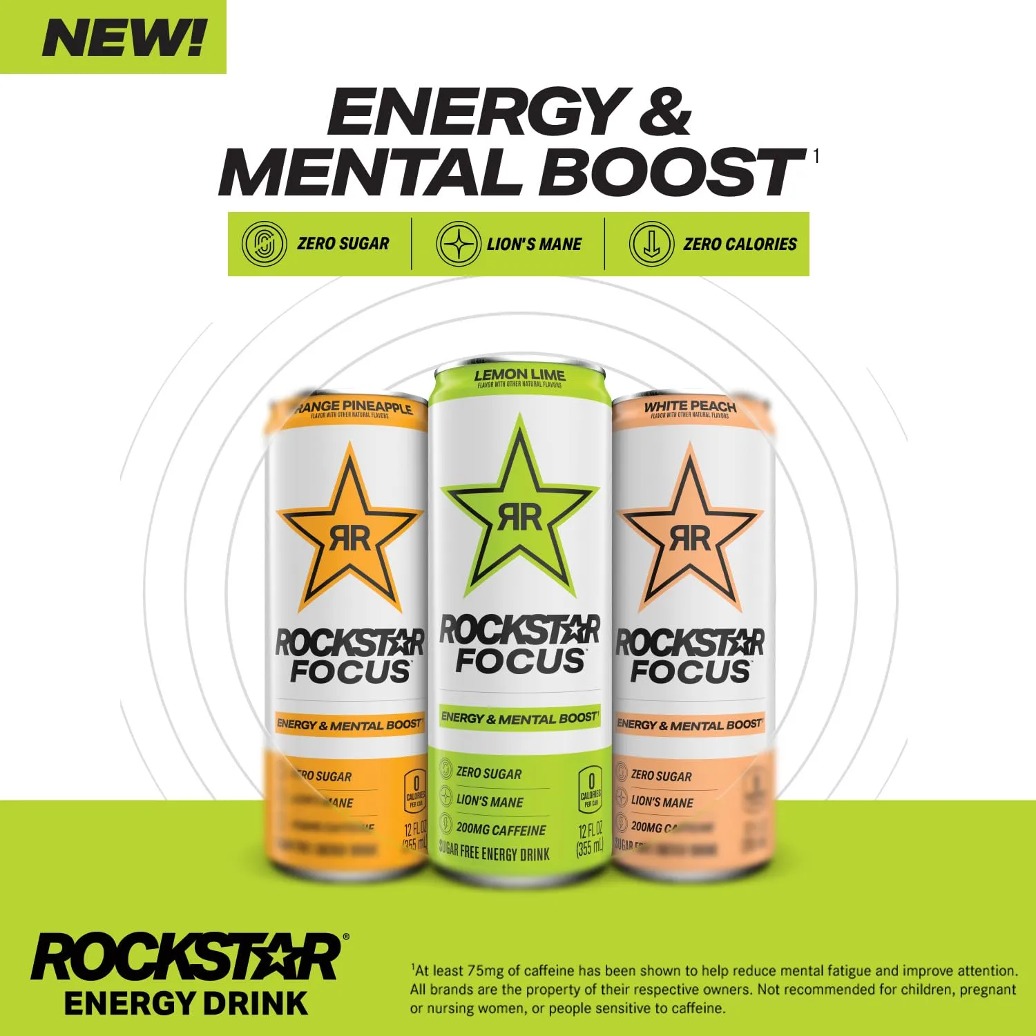 Rockstar Focus, White Peach, 12 Fl Oz Cans (Pack of 12)