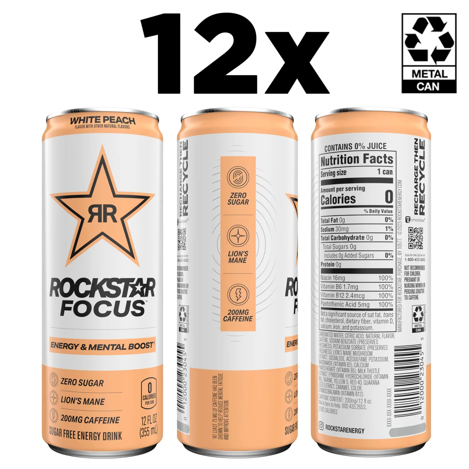 Rockstar Focus, White Peach, 12 Fl Oz Cans (Pack of 12)