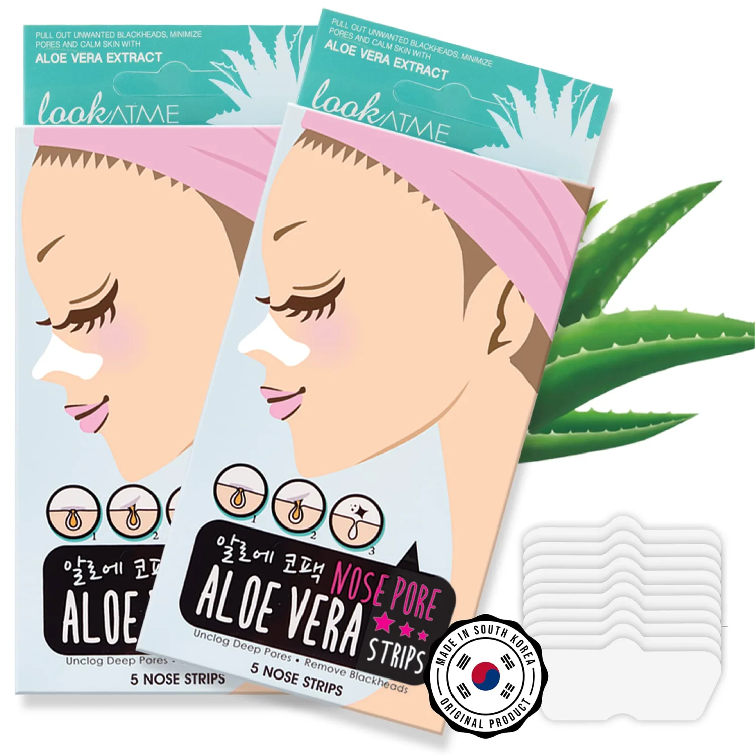 Look At Me Nose Pore Strips (2-Pack, 10 Nose Strips). Korean Skin Care Blackhead Remover with Aloe Vera. K Beauty Pore Cleaner and Pore Extractor. Acne Mask for Blackhead Removal. Adhesive Pore Mask.