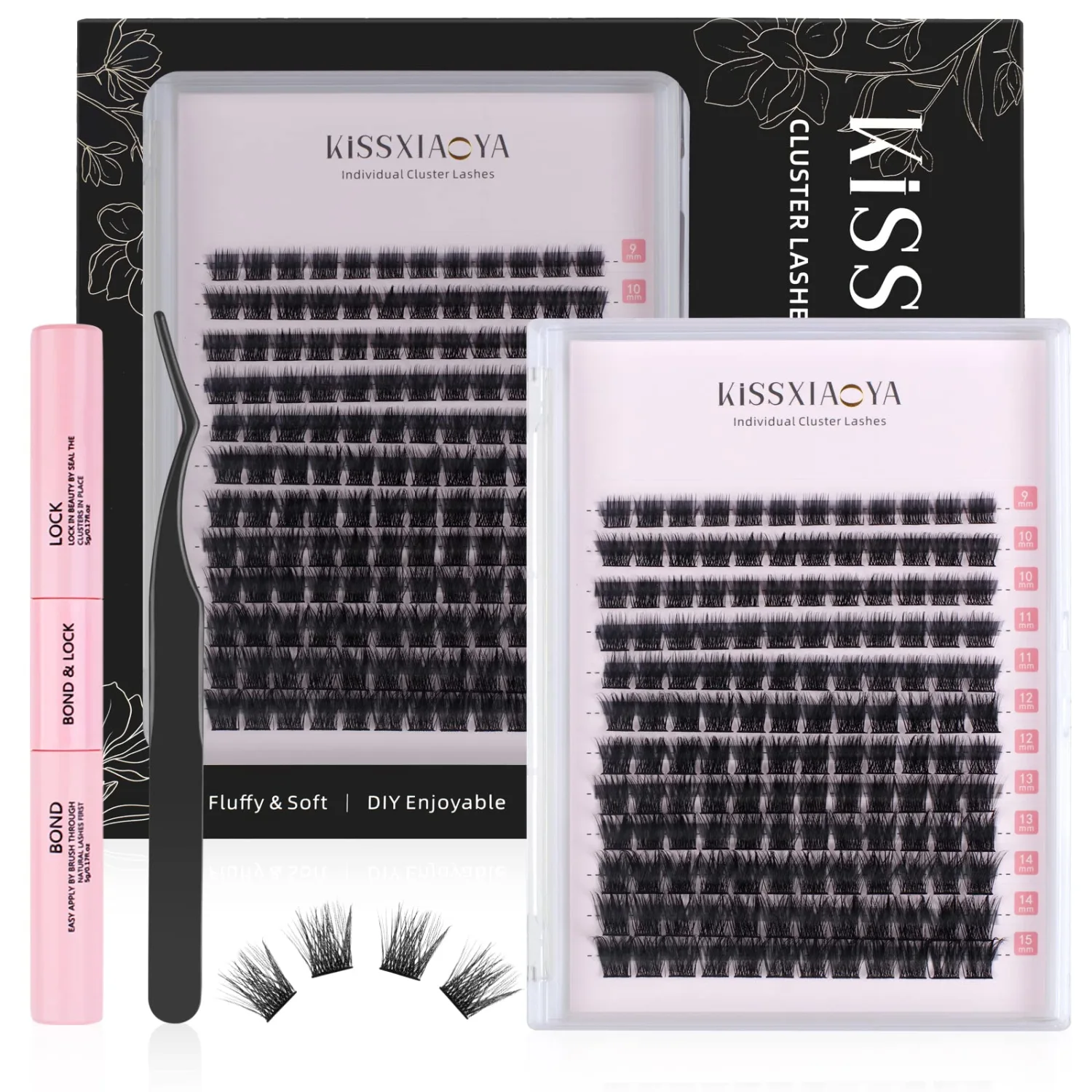 KISSXIAOYA Cluster Eyelash Extensions Kit, DIY Lashes Extension Kit with Lash Bond & Seal and Applicator, 144 Pcs 0.10mm 56D 9-15mm Mixed Wide-stem Lash, Individual at Home (Cluster Kit A)